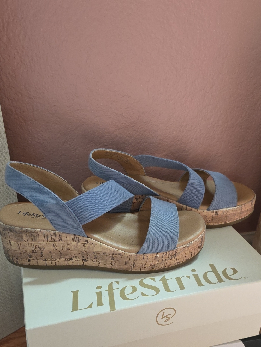 Life Stride Women's Blue Slingback Cork Wedge Sandals
